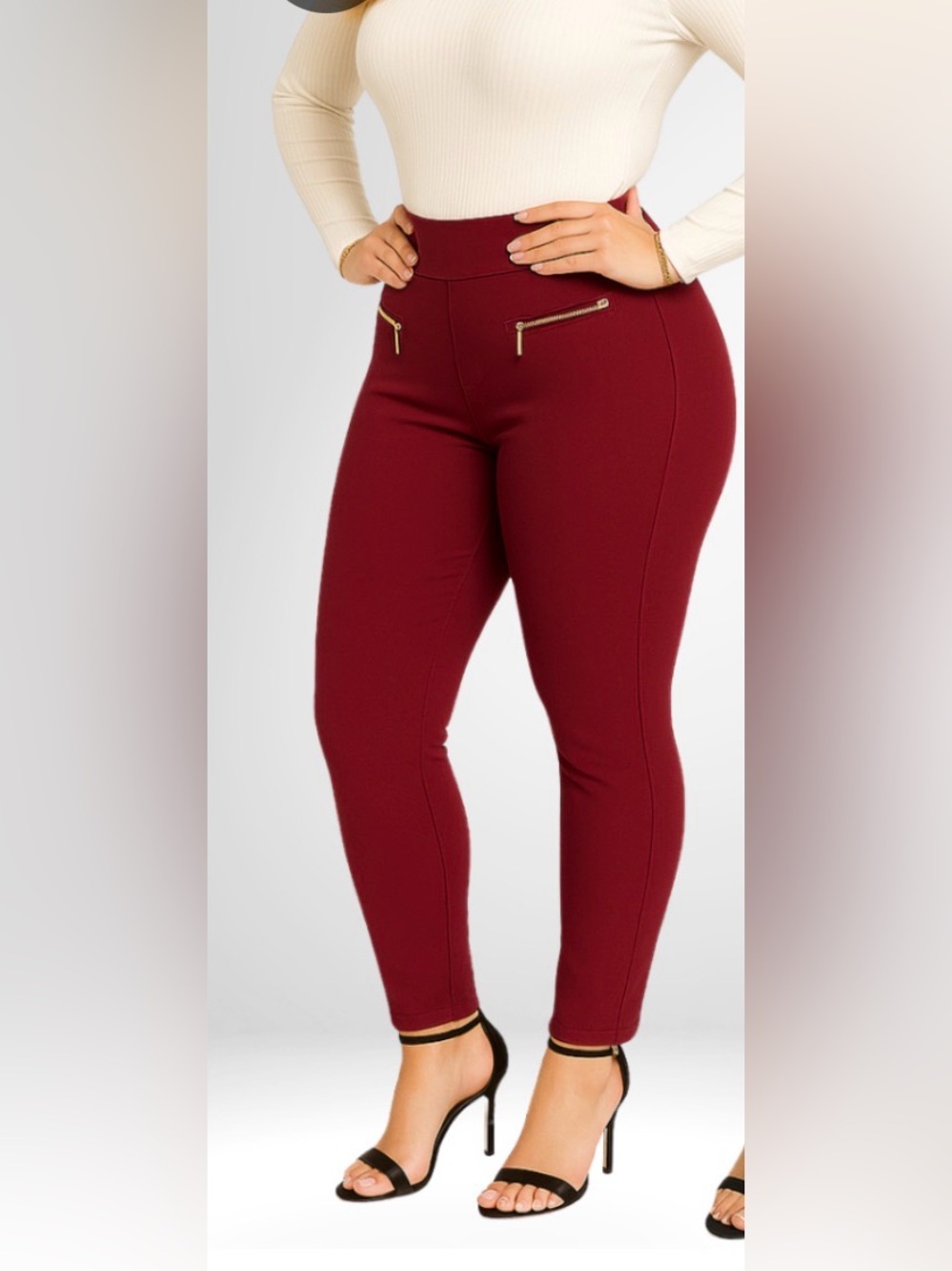 🌸. High-Waist Burgundy Ponte Skinny Pants
